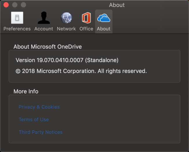 OneDrive for Mac About UI